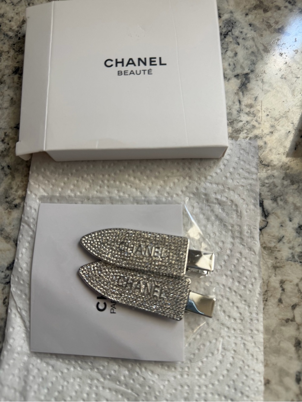 CHANEL Silver Crystal Logo Hair Clips - Pair